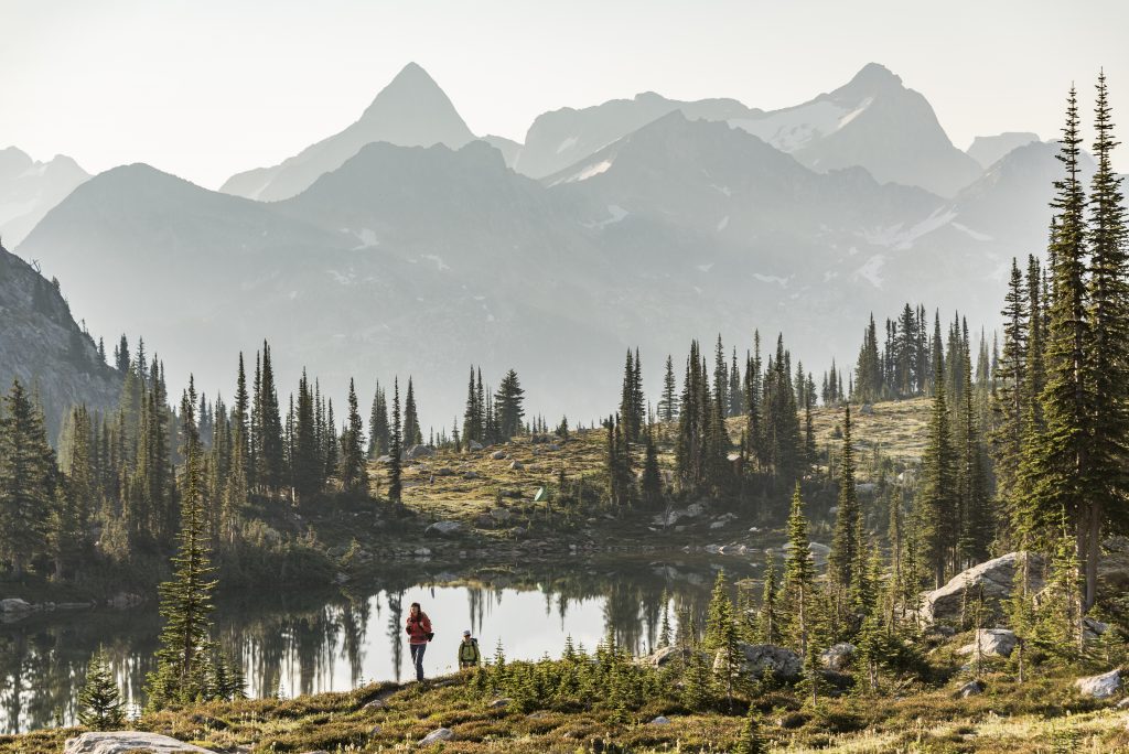 Hikers at Gillim Lakes in Valhalla Provincial Park.