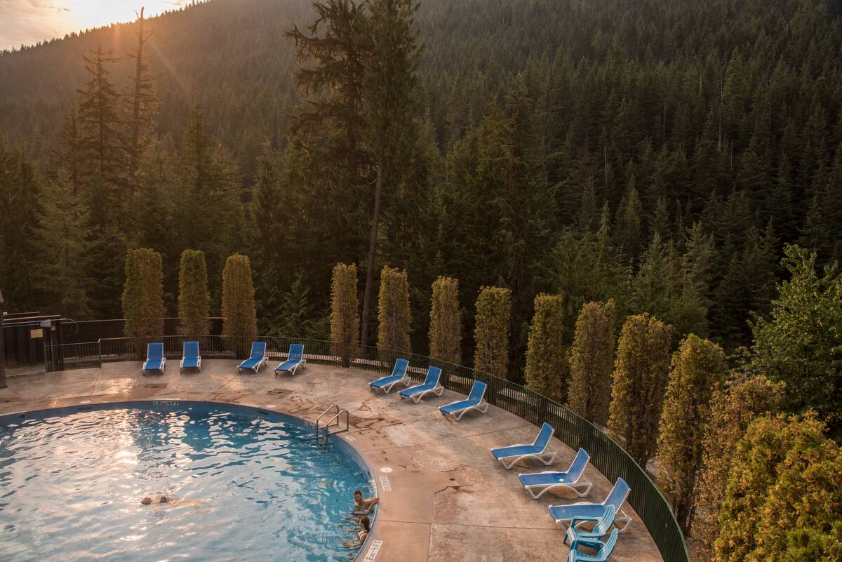 Visitors at the Nakusp Hot Springs enjoy a soak in Nakusp, BC
